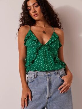 NWT Free People Bella Babe Polka Dot Ruffle Bodysuit Green